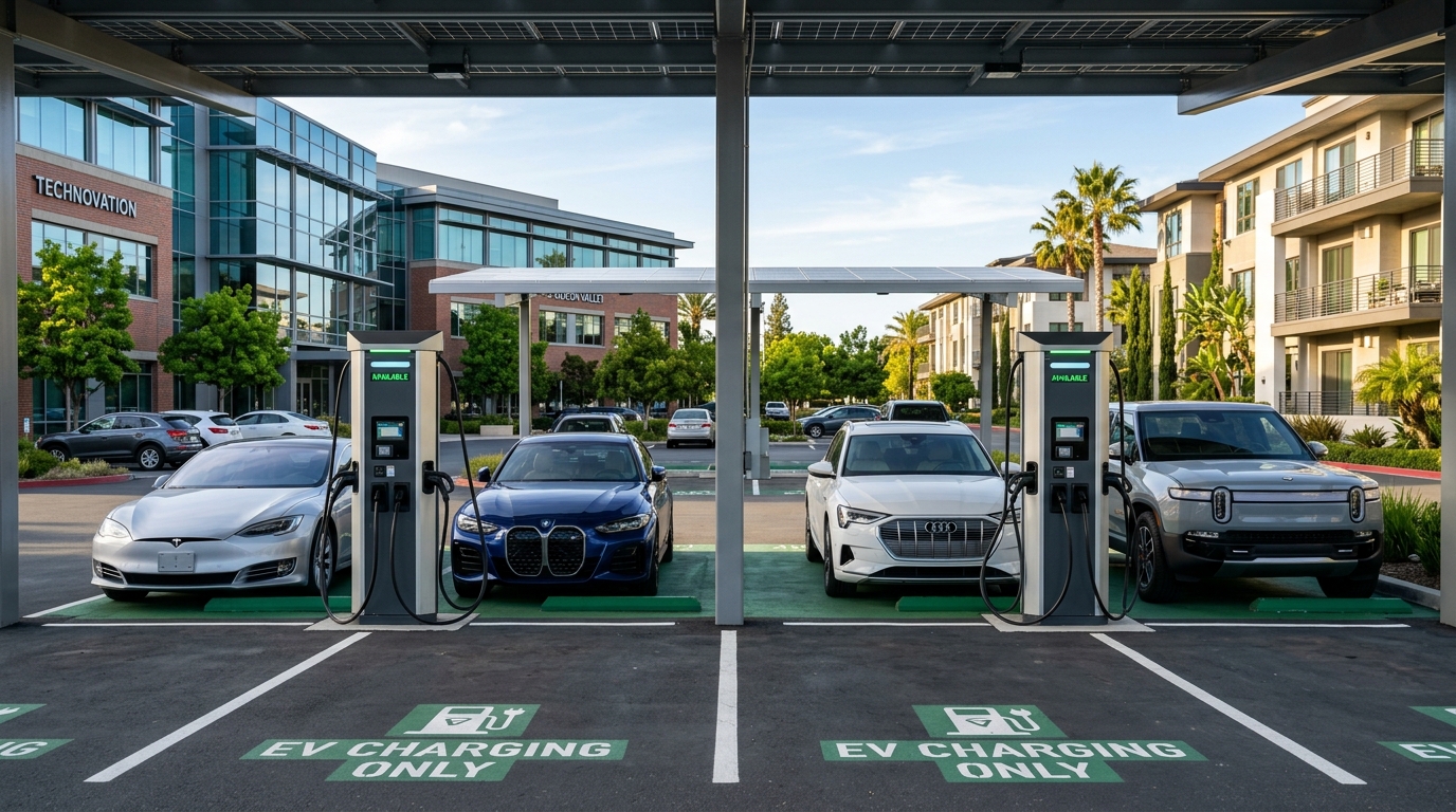 Commercial Level 2 Dual-Port EV Charging Pedestals in Los Gatos Office Parking Lot