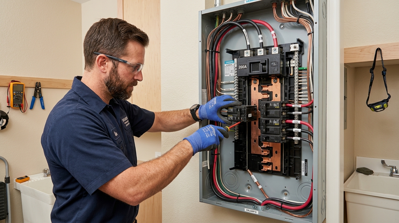 Licensed Electrician Installing 60A Breaker in 200A Service Electrical Panel in Los Gatos