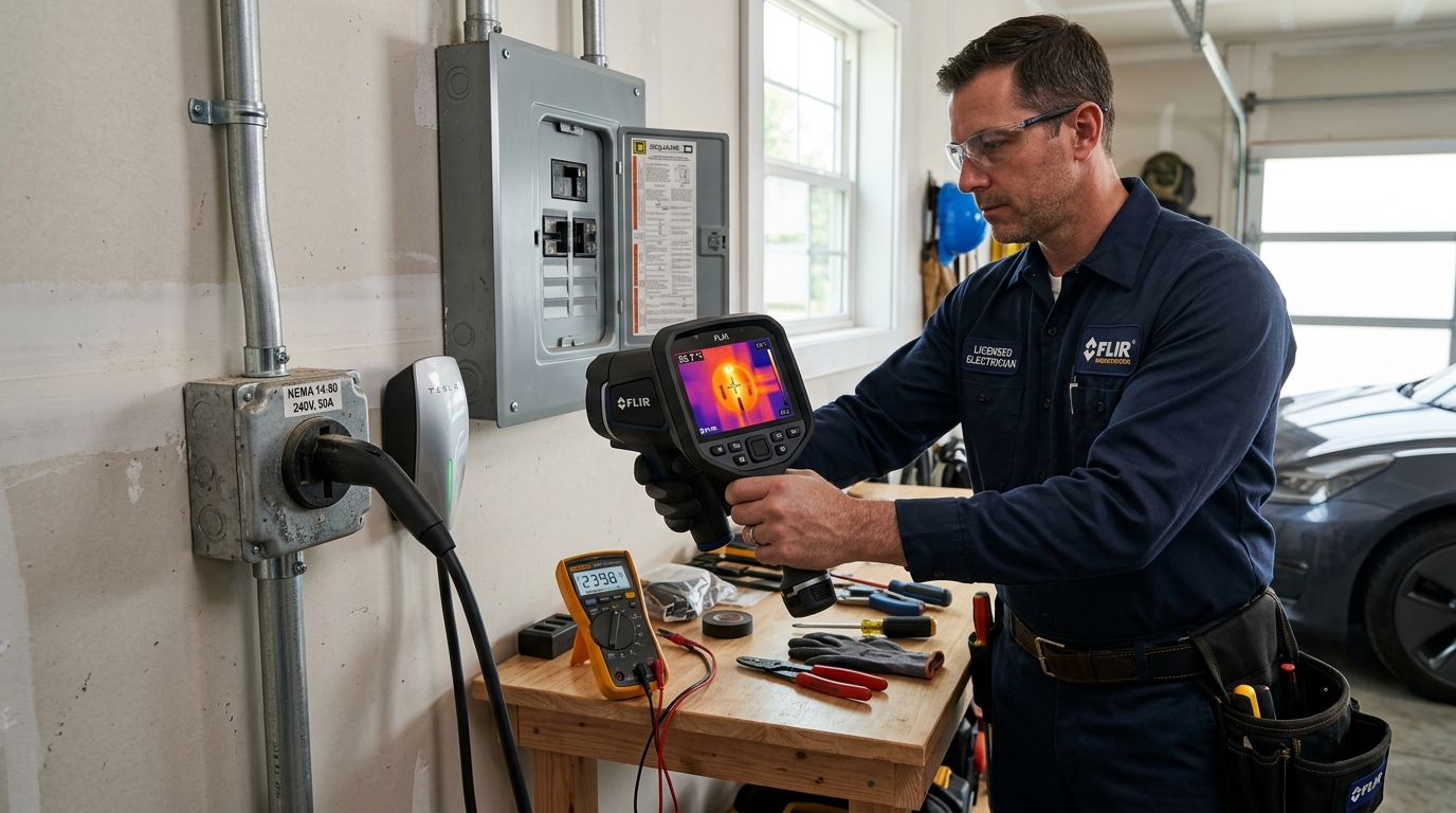 FLIR Infrared Thermal Scan of EV Charger Circuit Breaker and 240V NEMA 14-50 Receptacle